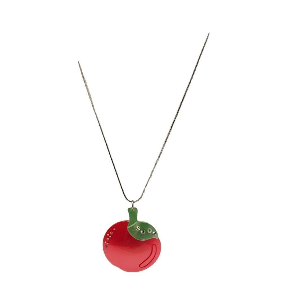 Clear Rhinestone Red Acrylic Apple Green Leaf Pendant Chain Necklace Silver Tone